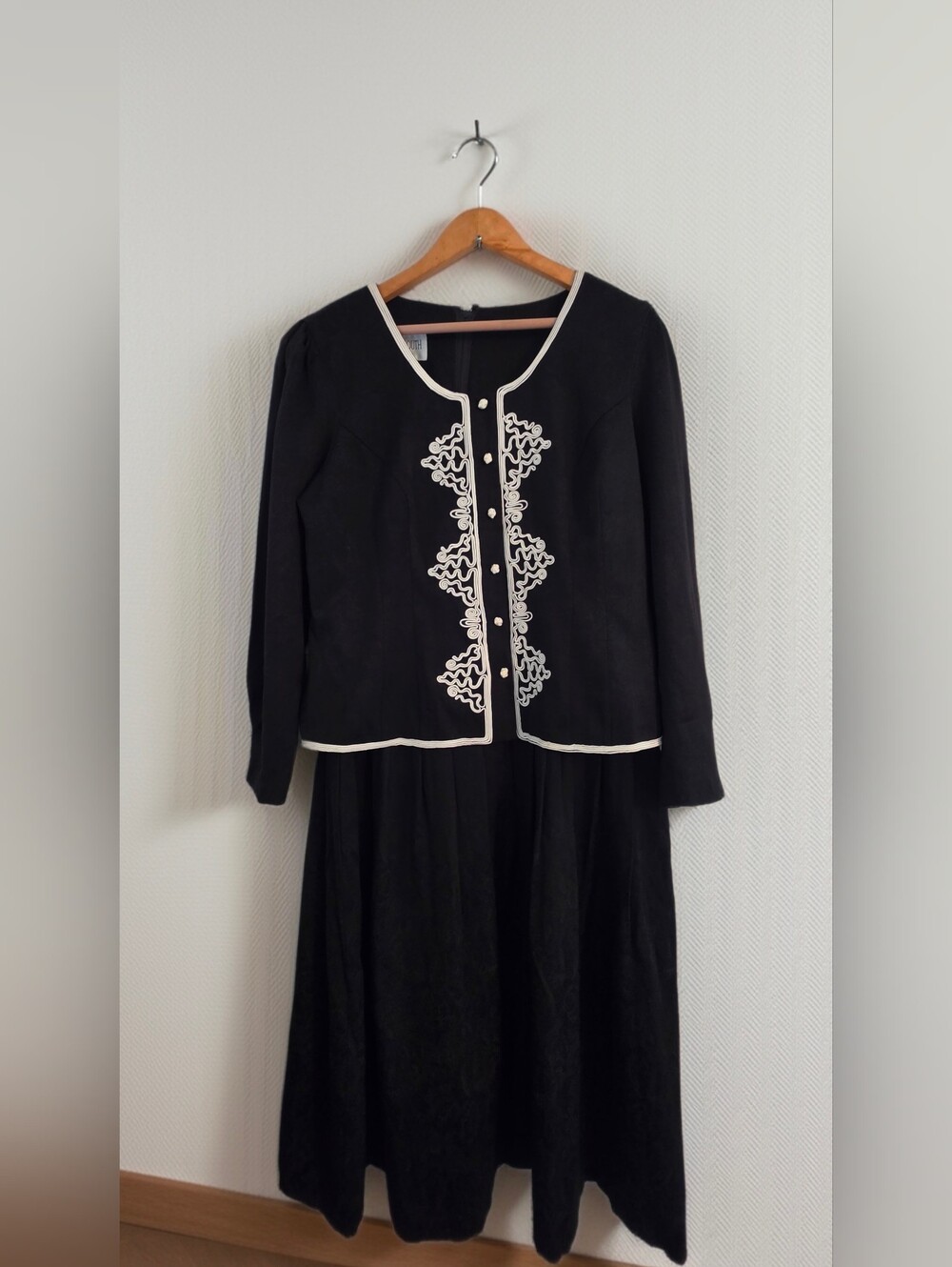Black Long-Sleeve Dress with White Trim and Embroidered Front